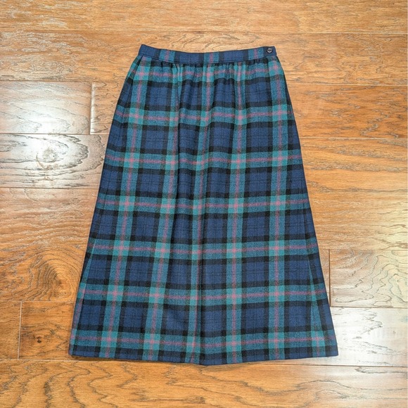 Pendleton Dresses & Skirts - Vintage Petite Pendleton Plaid Wool Skirt Blue Green Pink Made in USA Midi 24W